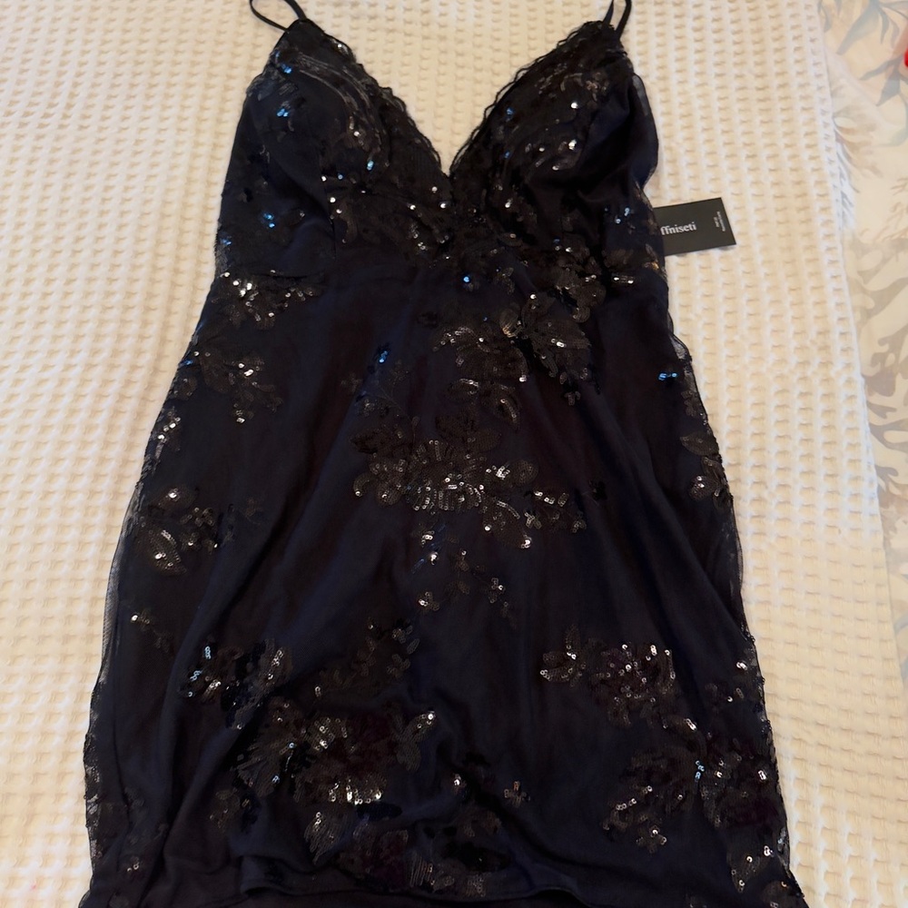 Black Sequin Slip Dress with Lace Trim